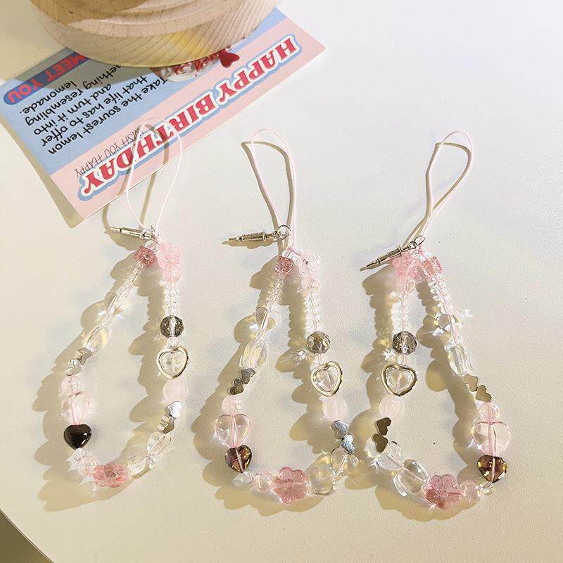 甜美ins粉爱心花朵水晶挂链挂饰手绳通用手机壳手机挂绳ccd相机女