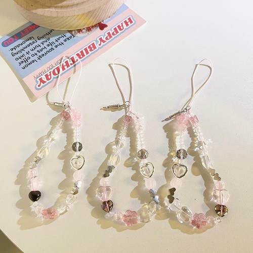 甜美ins粉爱心花朵水晶挂链挂饰手绳通用手机壳手机挂绳ccd相机女