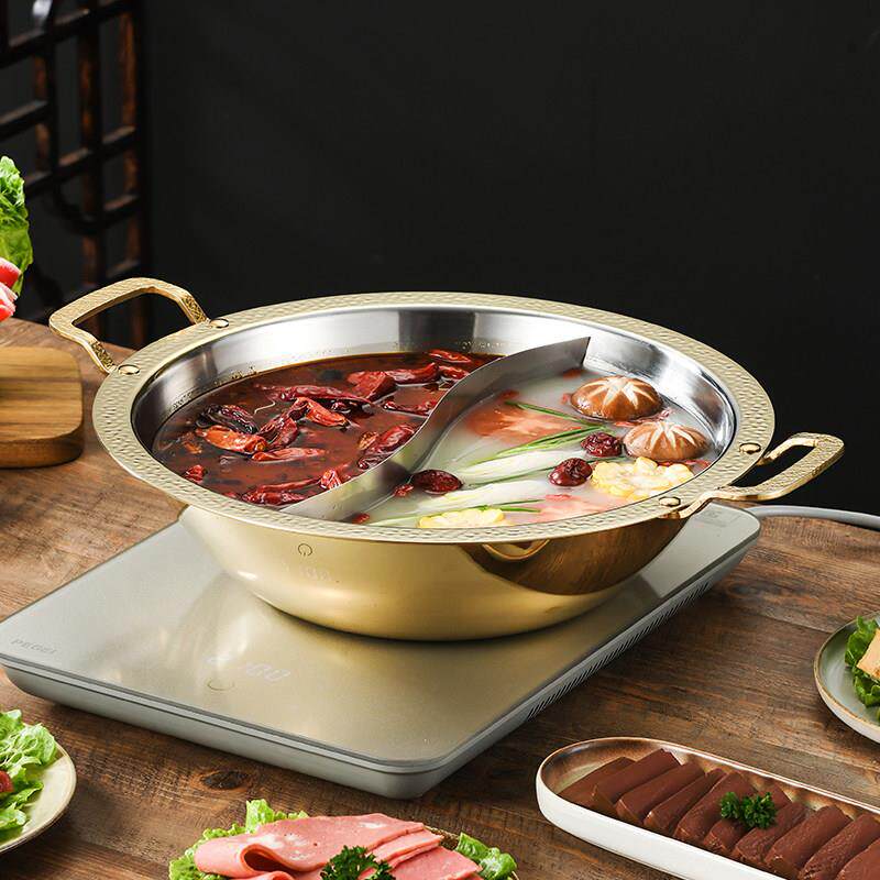 轩颖商用特厚304不锈钢锤纹鸳鸯火锅盆电磁炉瓦斯炉通用清汤电火