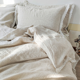 亚麻日式简约细条纹拼接蕾丝花边四件套柔软色织床笠床单被套枕套