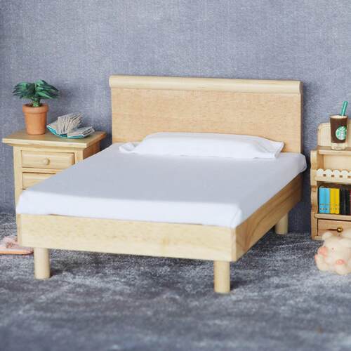 1:12娃娃屋dollhouse迷你小家具卧室微场景现代原木色实木双人床