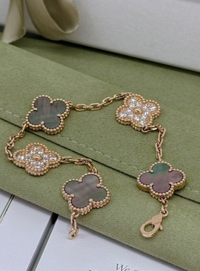 公价12.3万】99新梵克雅宝玫瑰金灰贝母钻石五花手链ARP2R100正品