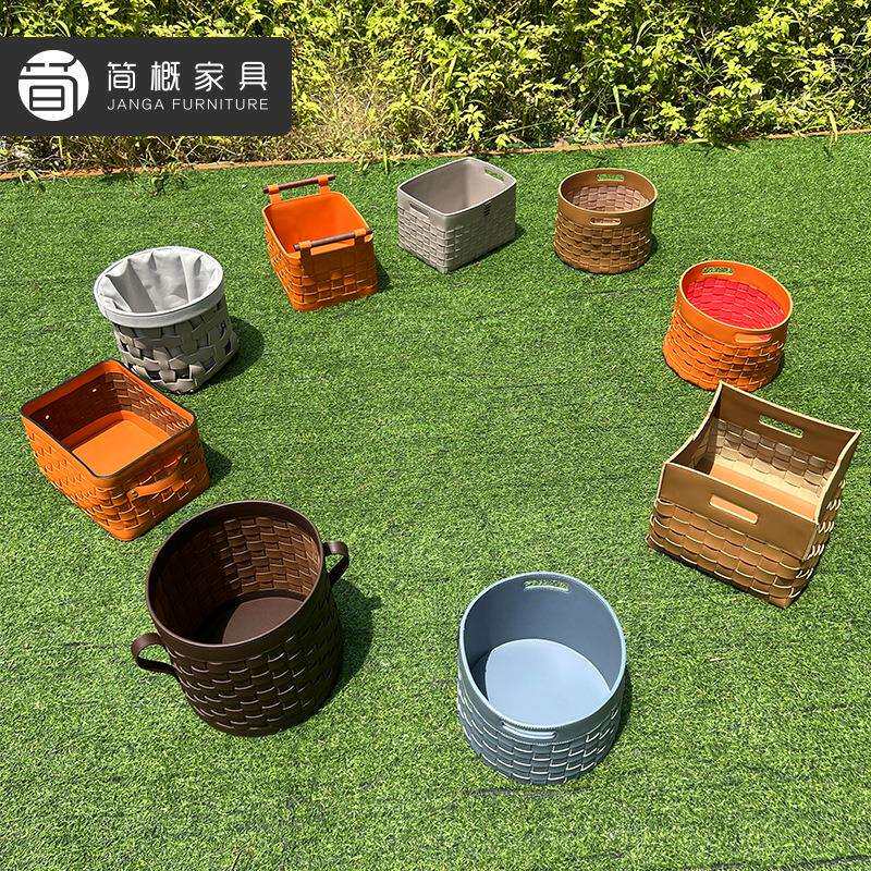 轻奢皮革收纳篮家用客厅收纳筐手工编织置物篮杂物桶带拉手储物篮