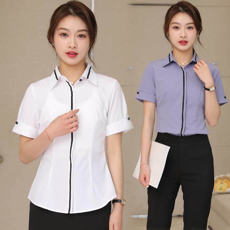 白衬衫女士短袖专业夏季新酒店前台技术员工作服修身弹力衬衫