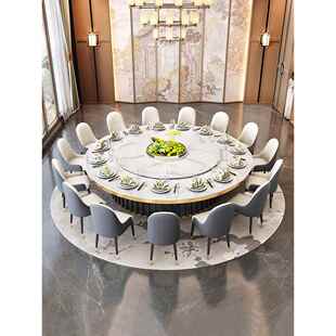 岩板电动转盘餐桌20人大圆桌酒店带电磁炉一体定制火锅桌饭店商用