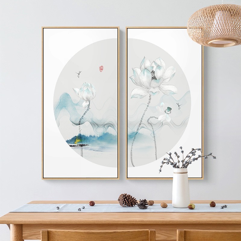新中式客厅装饰画两联荷花餐厅背景画半圆组合玄关中国风书房挂画