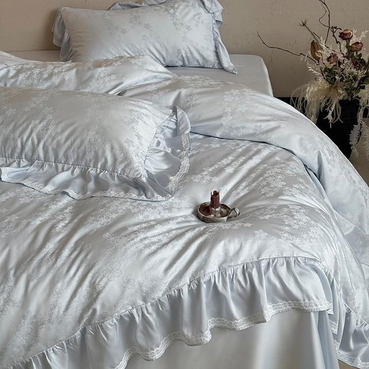 法式超柔纯棉四件套清新花卉厚织提花全棉被套床单床上用品蓝白色