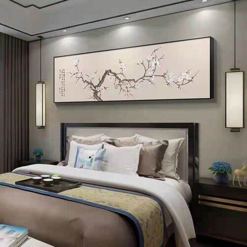 喜上眉梢卧室装饰画 画新中式主卧床头挂画 画梅花背景墙壁画 画