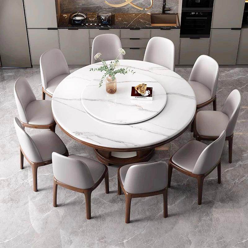 实木高端岩板餐桌椅组合现代简约小户型圆形家用圆桌带转盘饭桌子