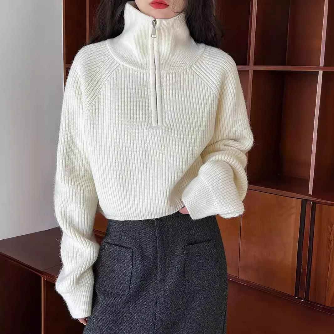knitted color top zip womens high matching solid color