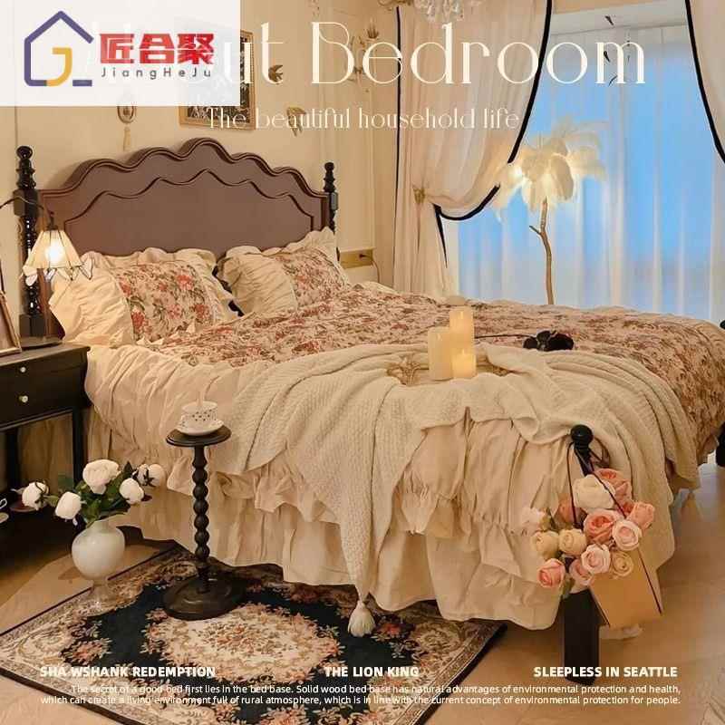 美式实木简约1卧8m1.5m床双人床波浪床头中古床UZH法式.床主轻奢