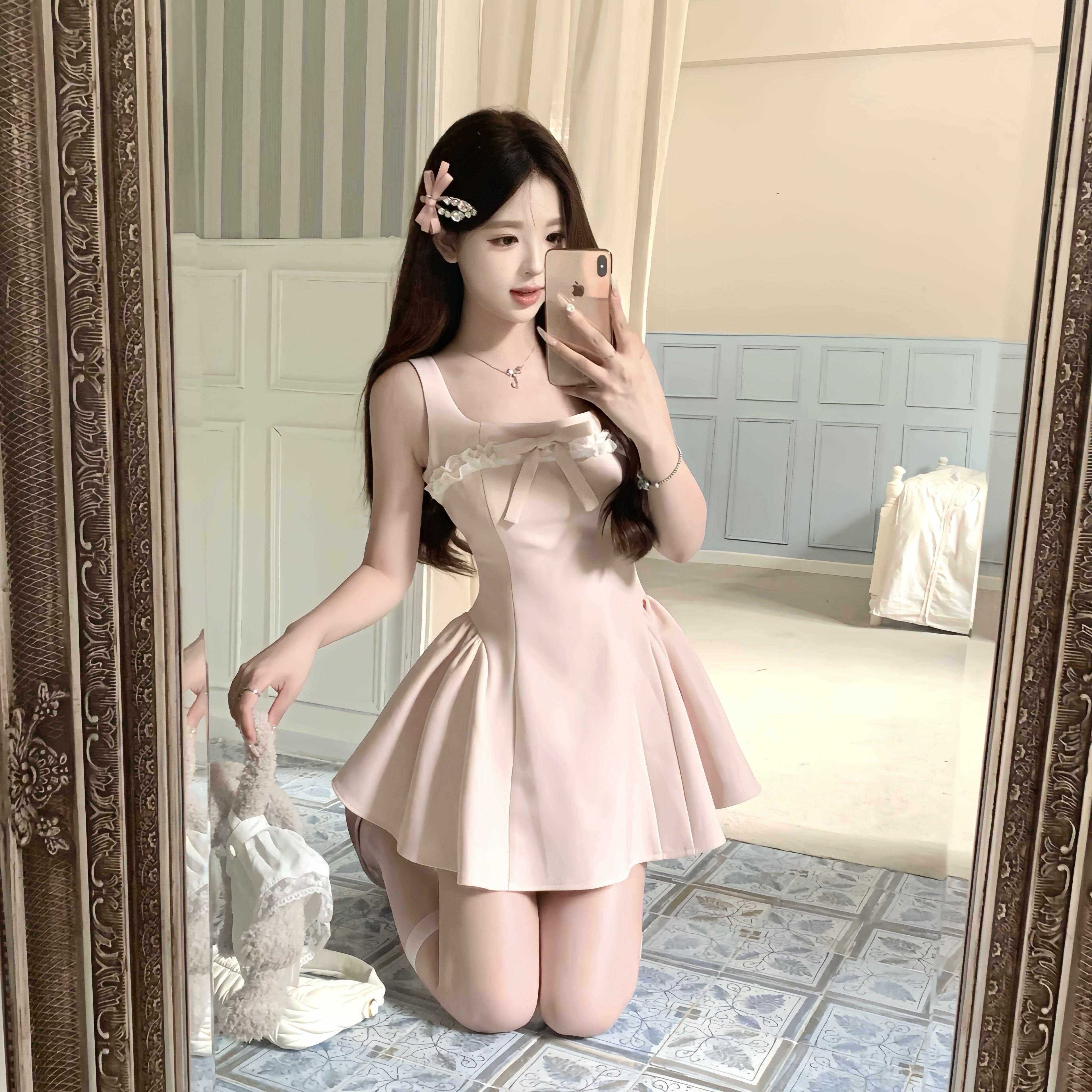 潜粉色甜美公主花边洋装 少女收腰蓬蓬裙可爱裙子 shebyshj越南