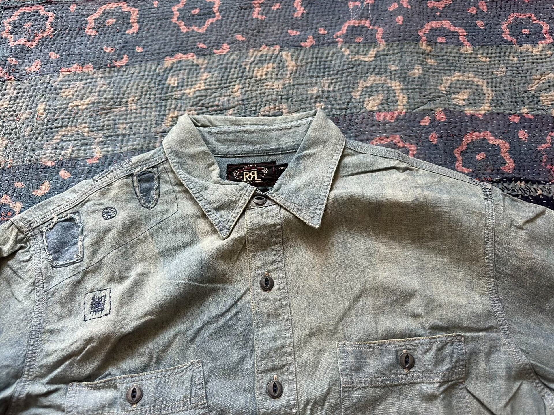 RRL Grayish-Green Distressed Patch Shirt — detail