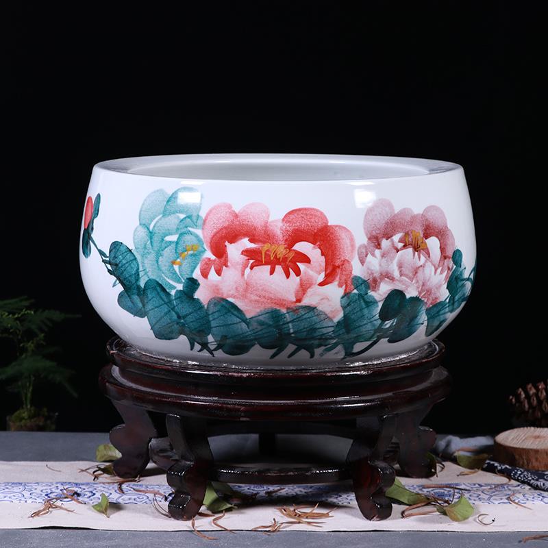 高档桌面圆形小陶瓷鱼缸带座底景德镇养金鱼荷乌龟缸花厅盆客装饰