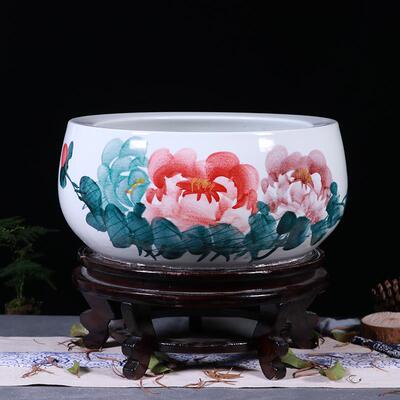 高档桌面形圆小陶瓷缸带底座景装德镇养金鱼乌龟鱼缸荷花盆客厅饰