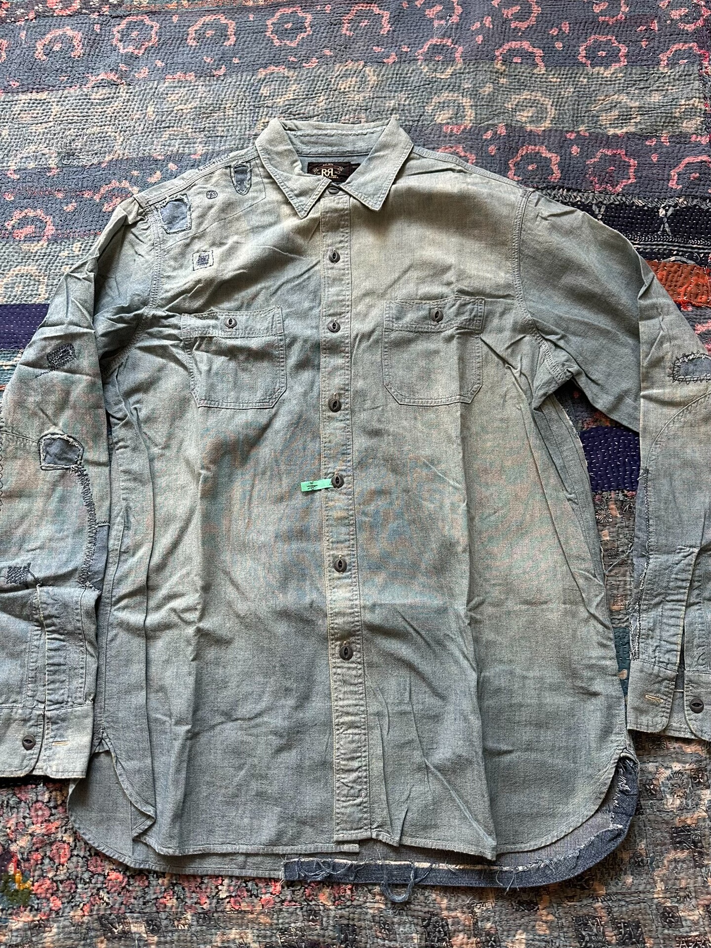 RRL Grayish-Green Distressed Patch Shirt