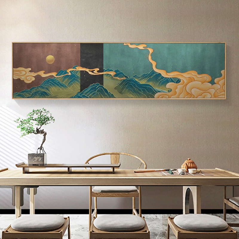 水墨宣言新中式现代轻奢装饰画线描山水竹子床头挂画抽象祥云壁画图片