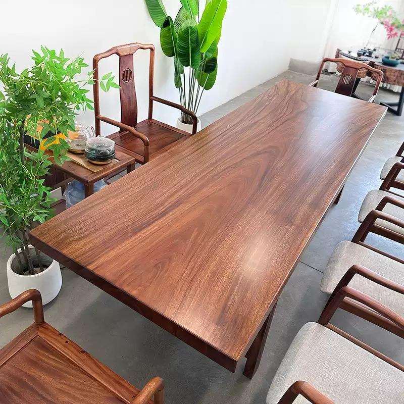 实木餐桌椅组合北美黑胡桃木长方形家用茶桌大板桌雨木茶板整块板