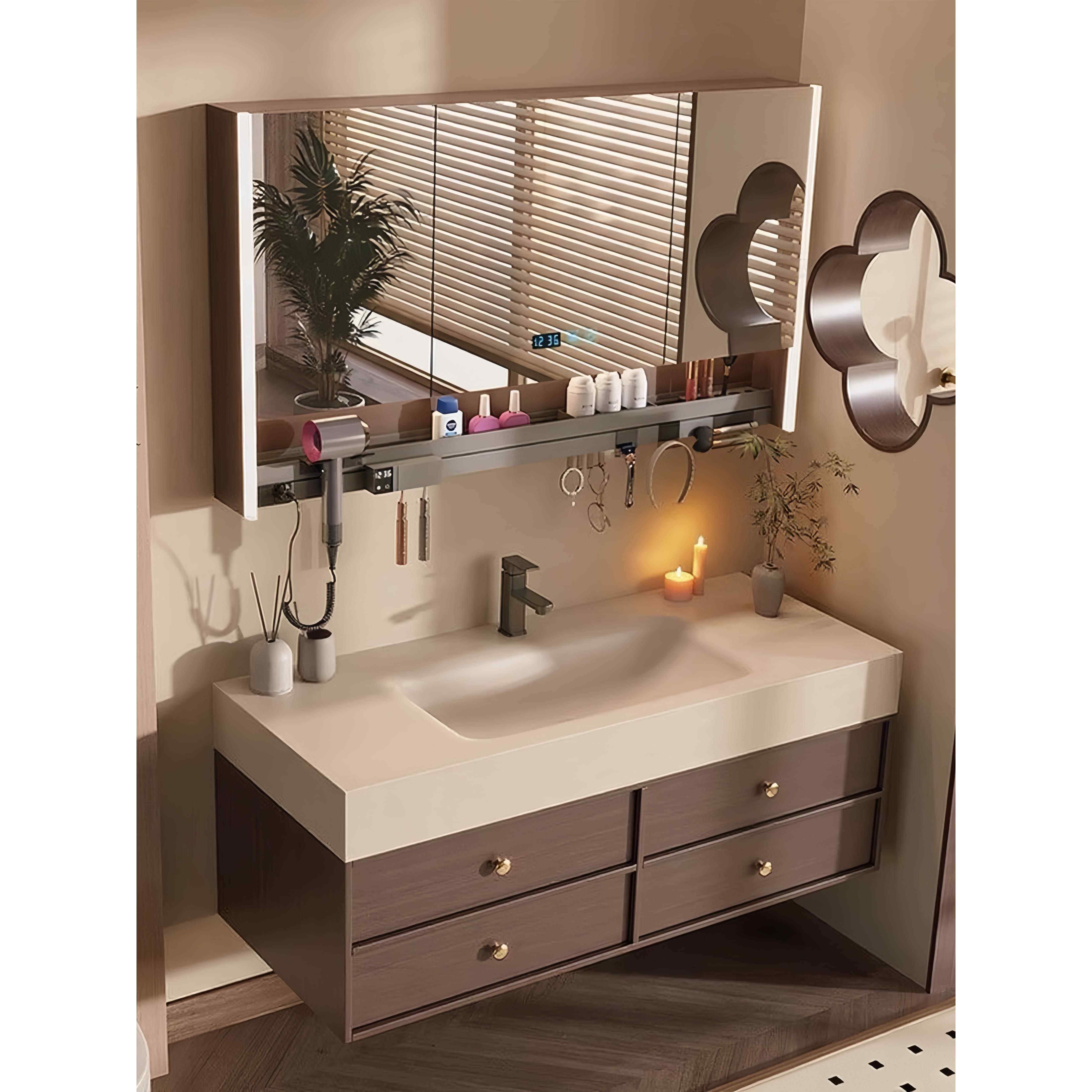 中古风浴室柜组合岩板热弯一体盆洗手洗脸池台卫生间智能洗漱定制