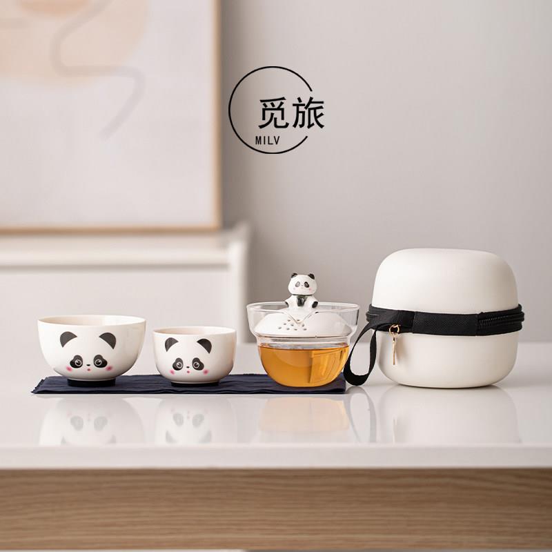 便携式玻璃快客杯 户外露营旅行茶具 一壶二杯茶具组 萌趣熊猫设
