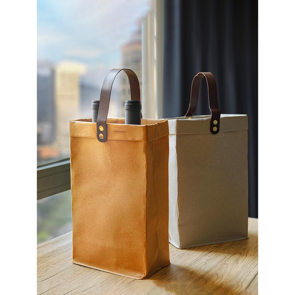 高档红酒手袋红酒包装礼盒一套两个可洗牛皮纸红酒礼品袋送礼