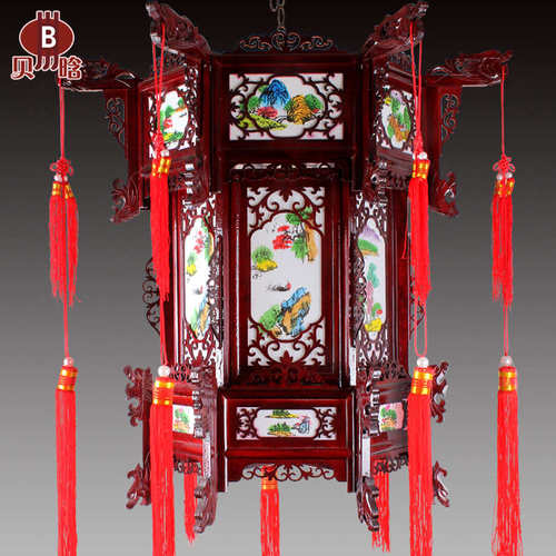 中式实木大红灯笼仿古羊皮六角宫灯古典木质木雕阳台大门茶楼吊灯