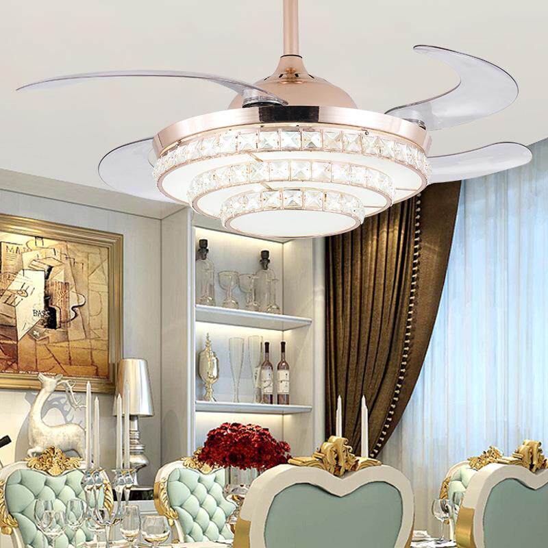 水晶隐形吊扇灯 简约时尚现代电风扇吊灯客厅餐厅带led欧式风扇灯