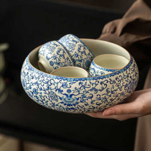 汝窑陶瓷茶洗缸家用茶具配件青花缠枝莲茶笔洗大号水盂茶渣缸茶盂