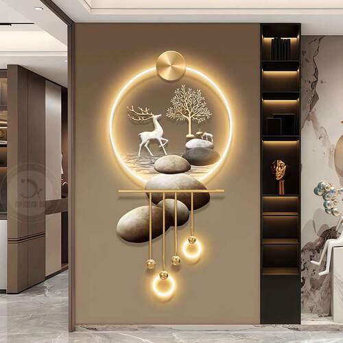 石来运转玄关装饰画生财有鹿走廊尽头挂画轻奢高档入户发光壁画灯