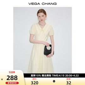 VEGA CHANG泡泡袖连衣裙女2024年夏季收腰显瘦法式花边领长裙