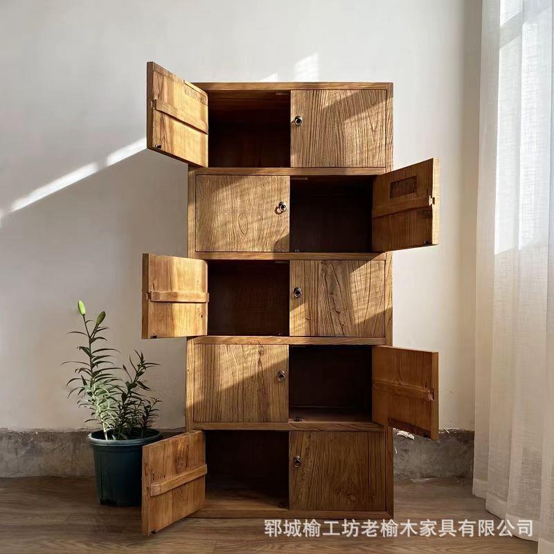 老榆木八斗柜实木客厅储物收纳柜做旧复古餐边柜长方形格子柜