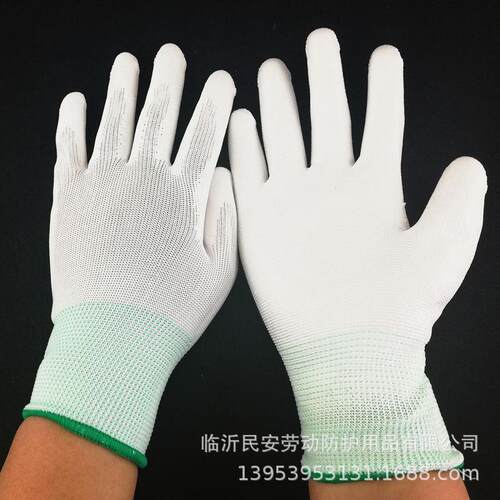 新款直销PU白色尼龙涂掌手套胶皮手套防静电涂胶手套工作劳保贴手