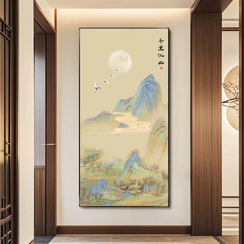 竖版千里江山图入户玄关装饰画新中式客厅走廊过道尽头挂画山水画