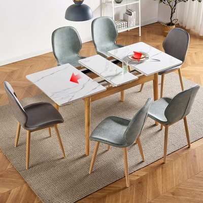 北欧岩板餐桌家用小户型可伸缩折叠长方形餐桌椅组合现代简约轻奢