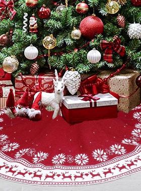 2025新款圣诞树底装饰用品90cm 122cm雪花鹿图案红色针织圣诞树裙