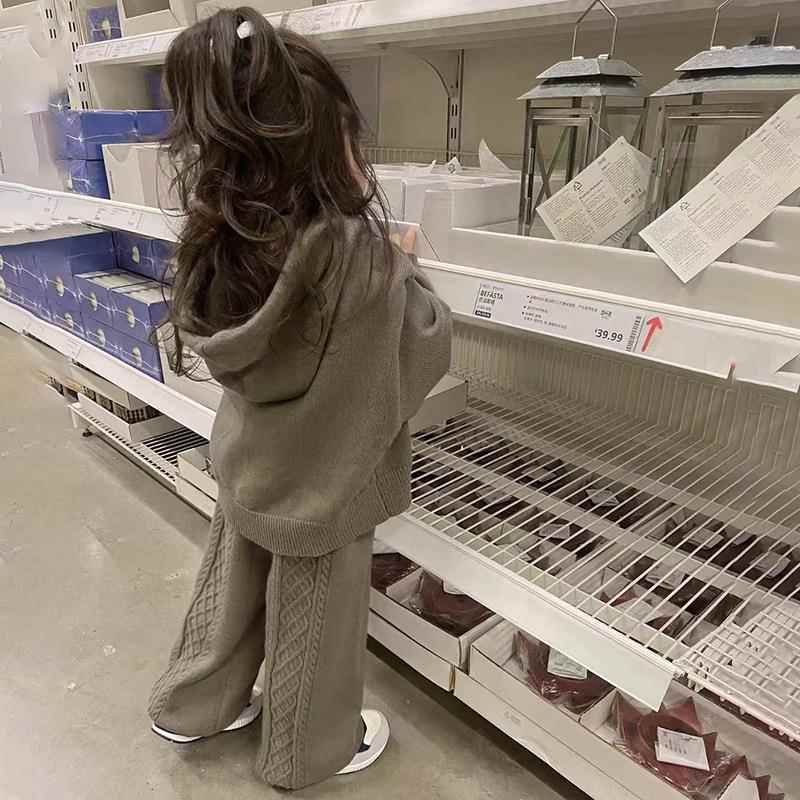 女童套装秋冬女童休闲毛衣套装儿童百搭连帽针织外套两件套韩版