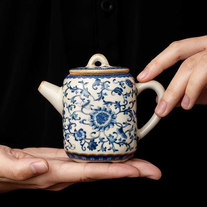 汝窑青花缠枝莲有方茶壶泡茶家用单个高档2026新款陶瓷一人用单壶