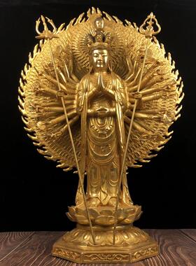 千手观音摆件纯铜千眼千臂十一面观世音菩萨鎏金做旧佛像铜工艺礼
