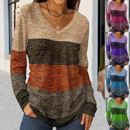 Plus Size Striped V-Neck T-Shirt Casual Loose Long Sleeve