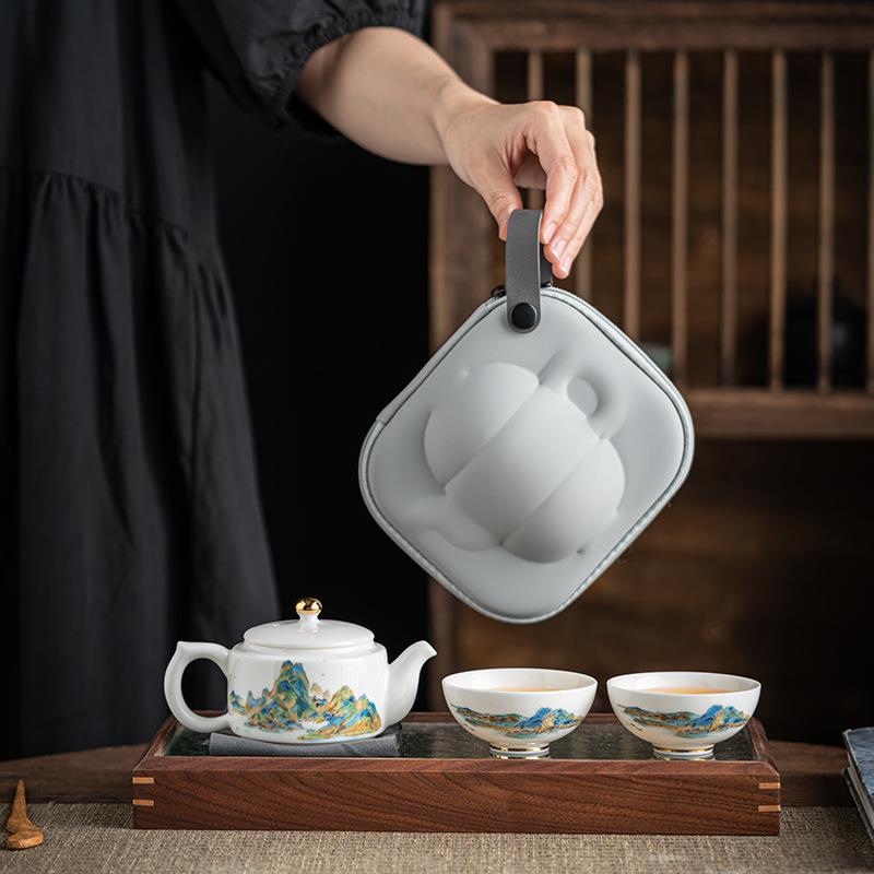 旅行茶具小套装一壶二杯白瓷泡茶壶茶杯简易户外露营便携式快客杯