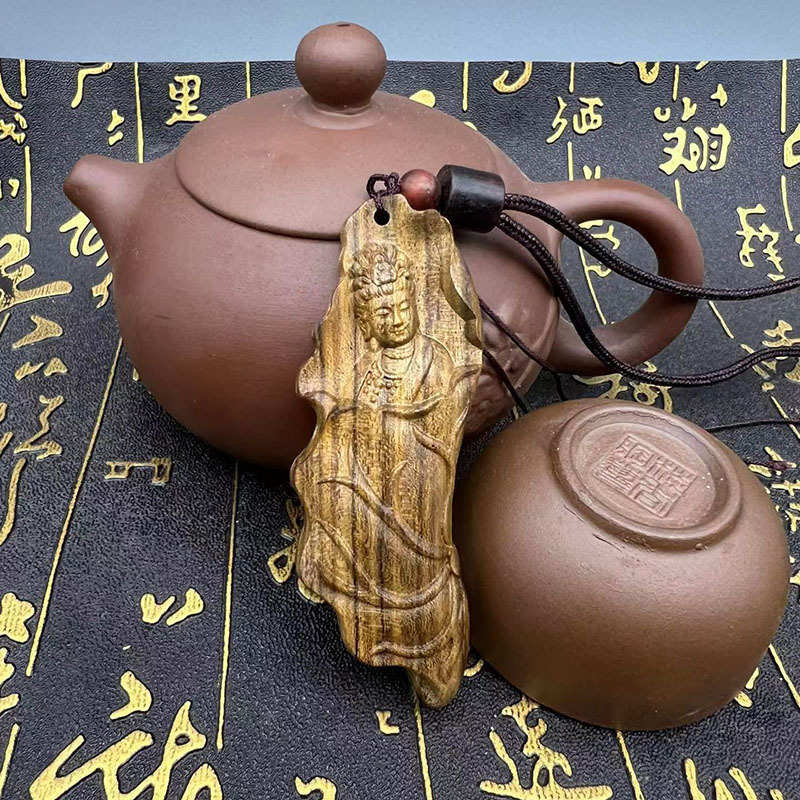 批发沉香荷叶观音挂件莲花观音吊坠木雕项链男女款平安祝福礼品