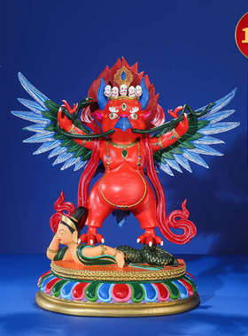 大鹏金翅鸟摆件黄铜仿尼泊尔彩绘护法佛像藏传密宗10寸大鹏鸟佛像