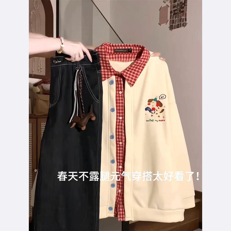 可爱小狗刺绣加绒加厚假两件卫衣外套女春秋冬季学院风棒球服夹克