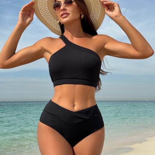 Single shoulder split groove high waisted swimsuit,