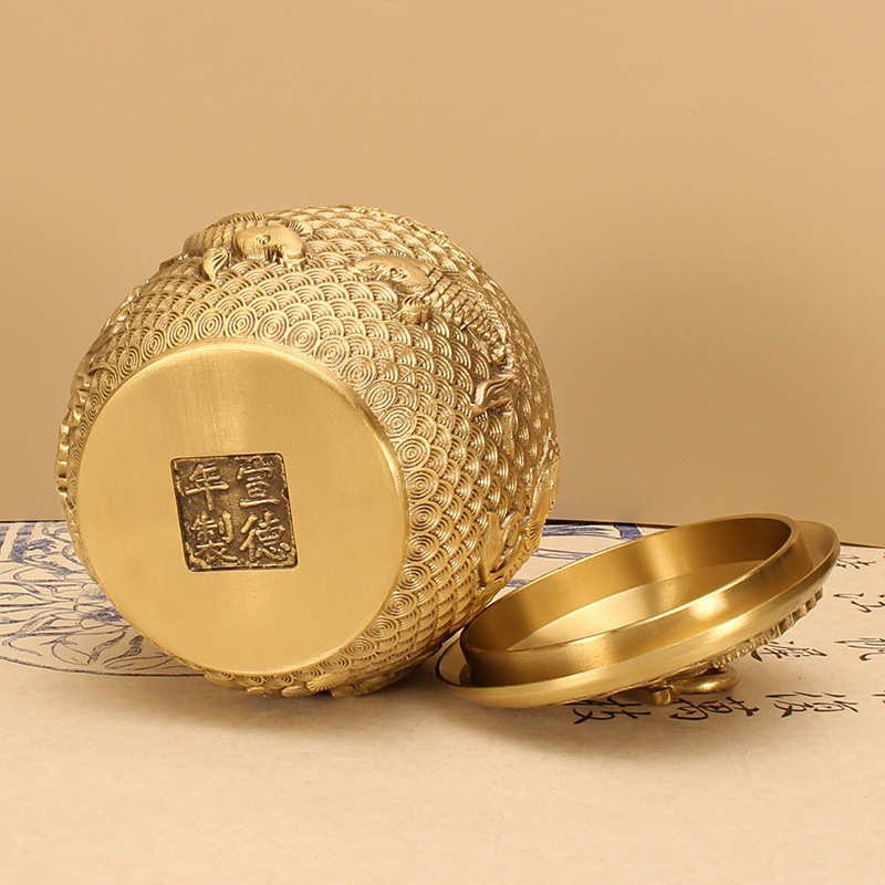 处理鲤鱼锦鲤茶叶罐摆件办公室桌面创意大小纯铜储藏罐黄铜工艺品