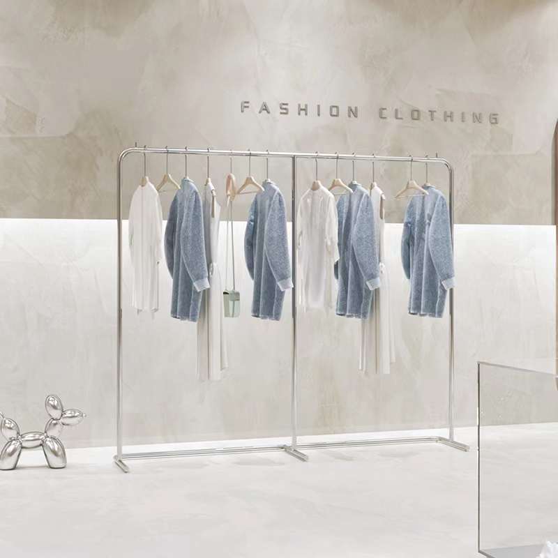 服装店展示架落地式挂衣服架子不锈钢拉丝银色展示挂衣架女装货架