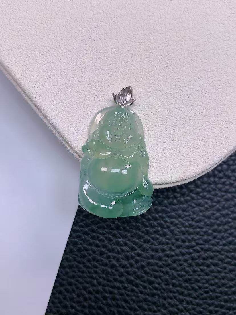 天然真品翡翠正品 水润细腻气质18k金镶嵌冰阳绿满阳色逍遥佛吊坠