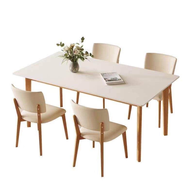 实木岩板餐桌奶油风家用小户型现代简约白色饭桌长方形餐桌椅组合