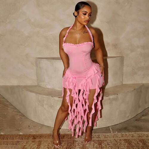 Women Plain Frill Ruffle Trim Halter Bodycon Dress Casual