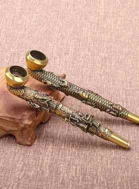 仿古黄铜两用型八仙图烟杆烟斗十二生肖老烟枪铜制工艺品收藏摆件